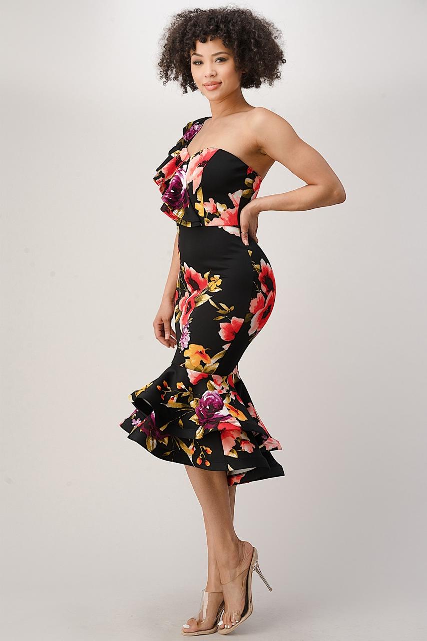 VESTIDO COCKTAIL ESTAMPADO FLORAL NEGRO