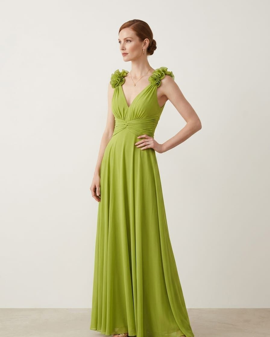 VESTIDO LARGO ELEGANTE VERDE LIMA CON DETALLES