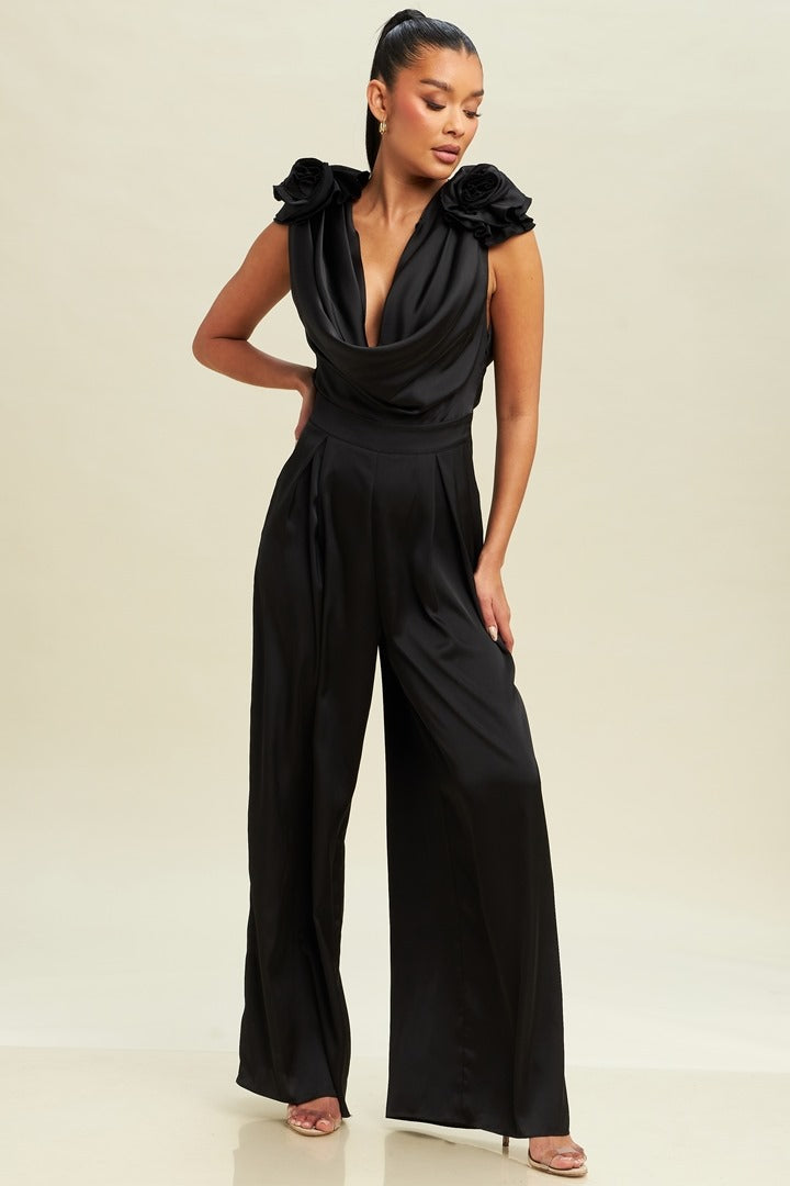 JUMPSUIT BLK SATIN FLOR HOMBROS