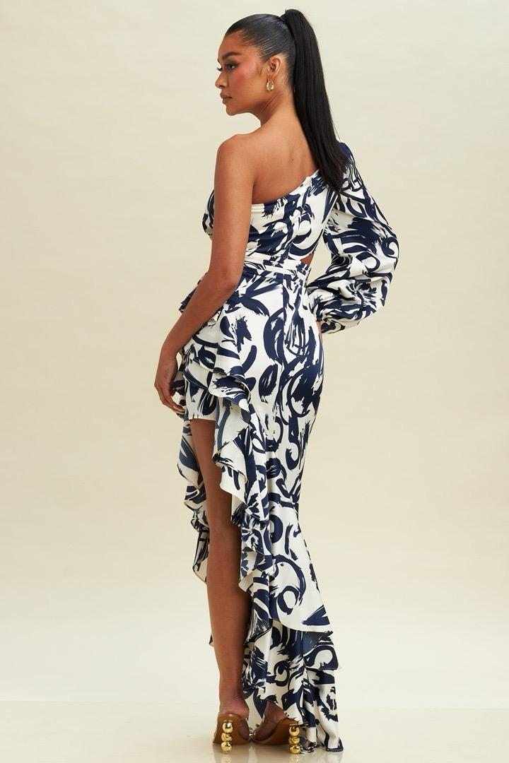 VESTIDO UN HOMBRO AZUL Y BLANCO