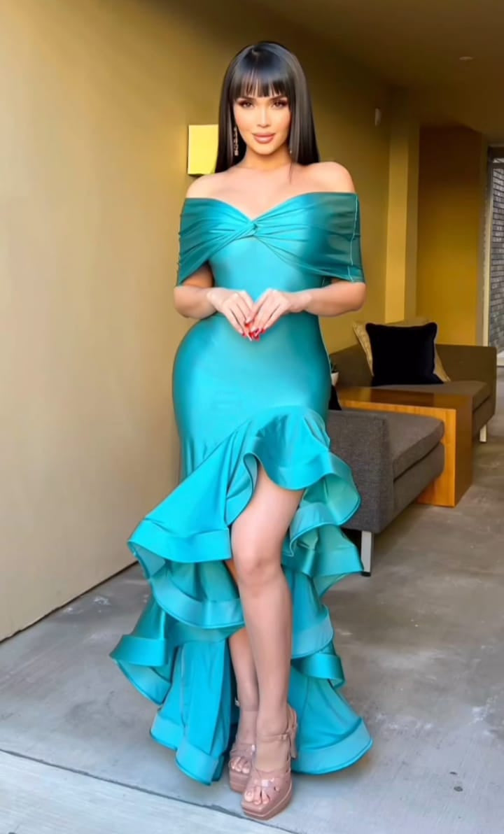 VESTIDO LARGO RUCHAS AQUA