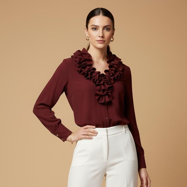 BLUSA MANGA LARGA Y BOTONES RUCHA CUELLO