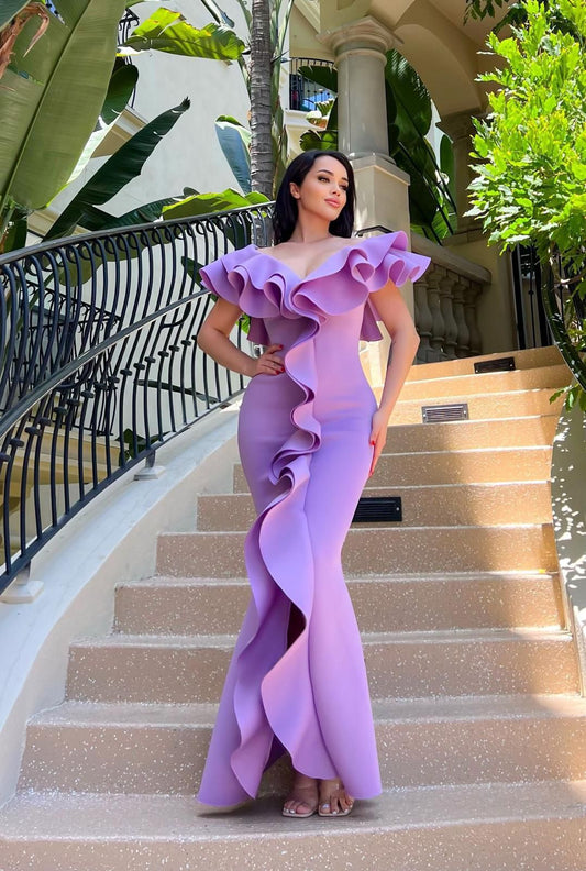 VESTIDO LARGO LILA DETALLES