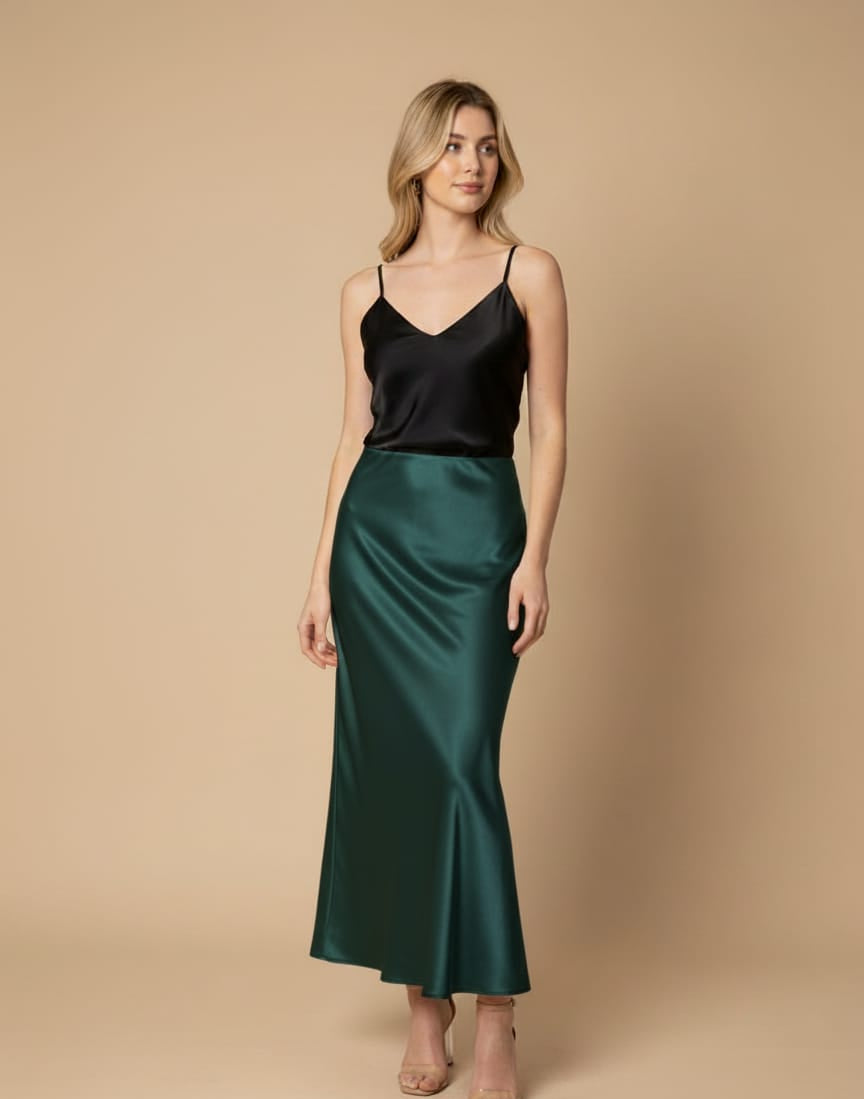 FALDA SATIN VERDE OLIVA