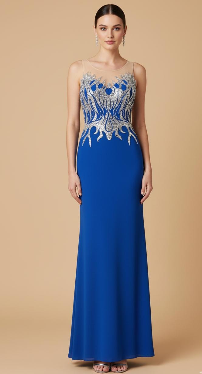 VESTIDO LARGO AZUL DETALLES DE BRILLO