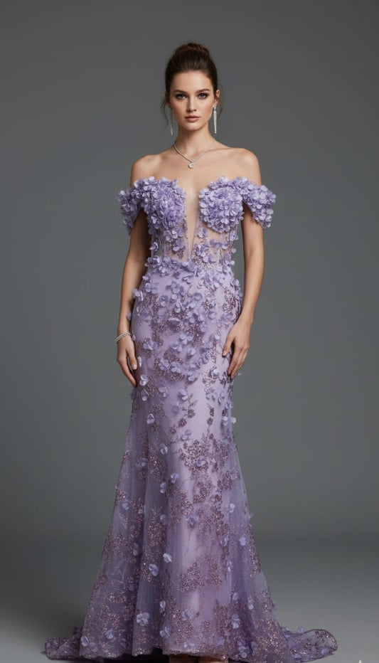 VESTIDO FLORAL LILA CON BRILLO 3D