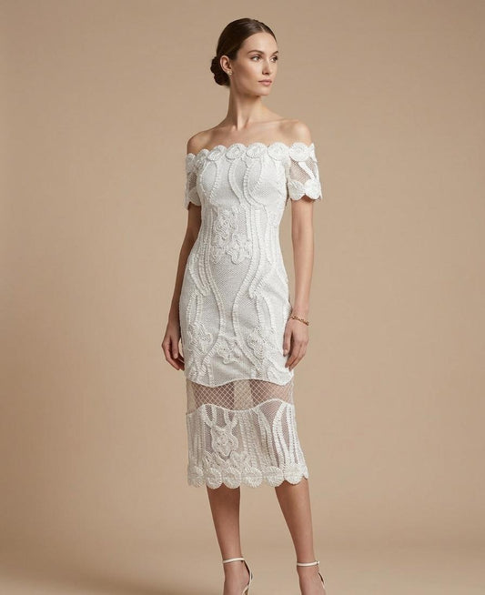 VESTIDO MIDI DE ENCAJE OFFSHOULDER