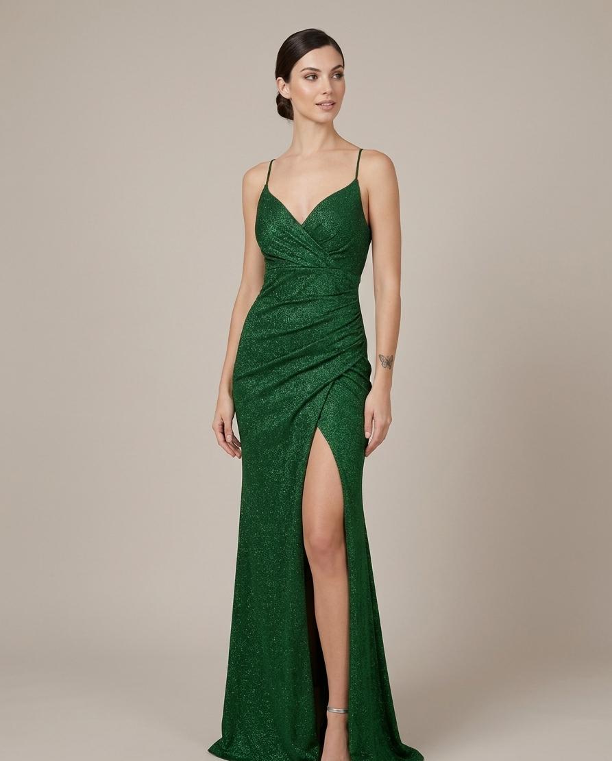 VESTIDO SIRENA VERDE ESMERALDA DRAPEADO