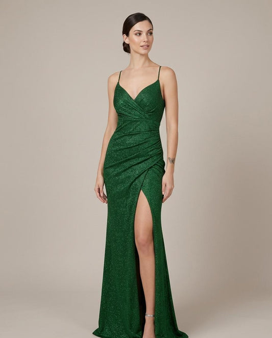 VESTIDO SIRENA VERDE ESMERALDA DRAPEADO
