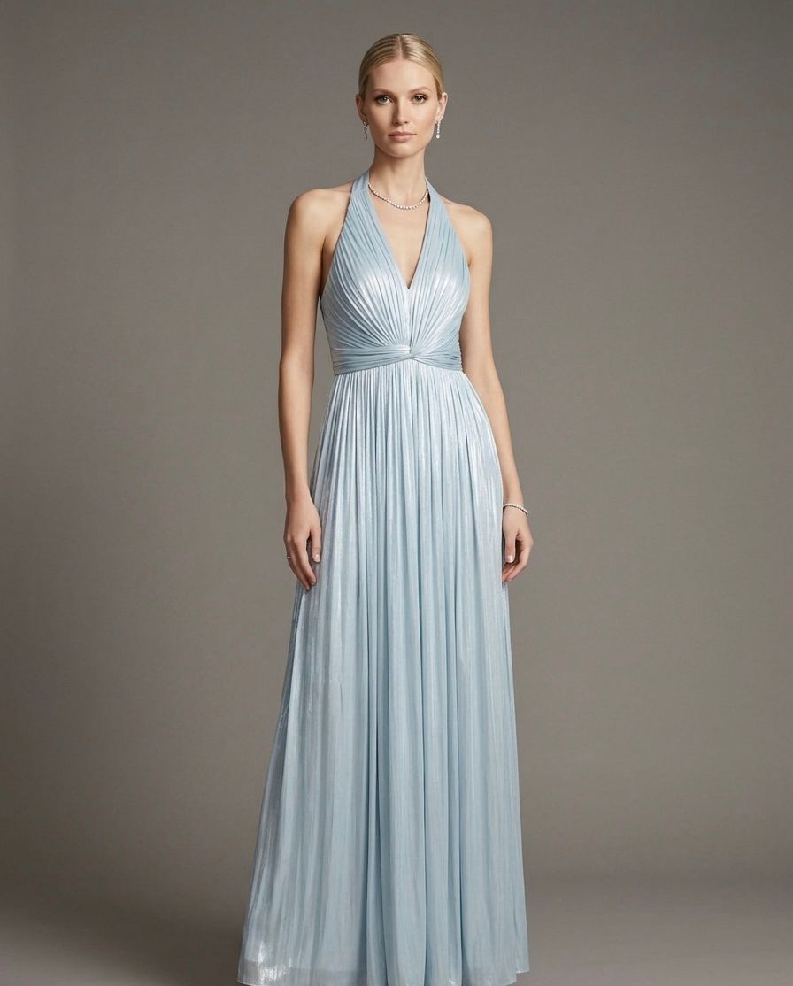 VESTIDO CELESTE MAXI PLIZADO