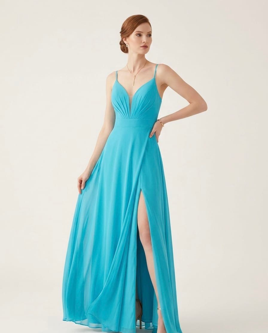 VESTIDO LARGO CELESTE CON ESCOTE V Y ABERTURA LATERAL