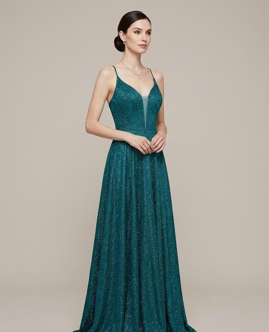 VESTIDO LARGO ESMERALDA CON BRILLOS