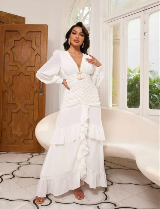 VESTIDO BLANCO MANGAS Y VUELO