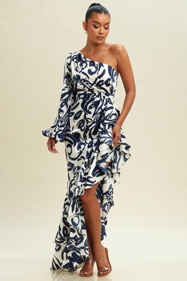 VESTIDO UN HOMBRO AZUL Y BLANCO