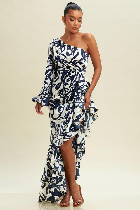 VESTIDO UN HOMBRO AZUL Y BLANCO