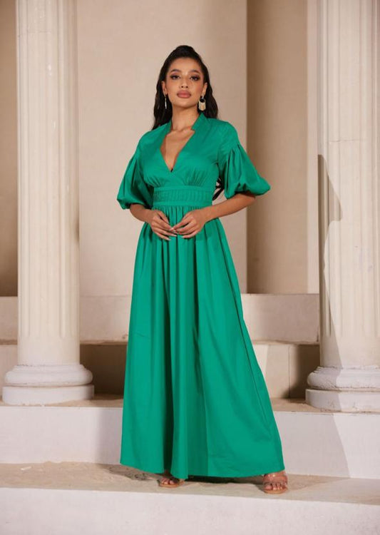 VESTIDO LARGO VERDE MANGAS CUELLO V