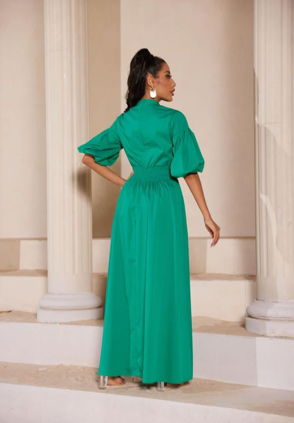 VESTIDO LARGO VERDE MANGAS CUELLO V