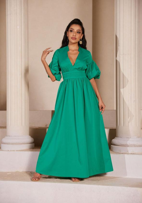 VESTIDO LARGO VERDE MANGAS CUELLO V