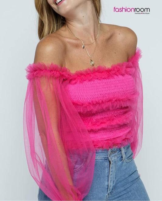 BLUSA ROSADA MANGAS TULL