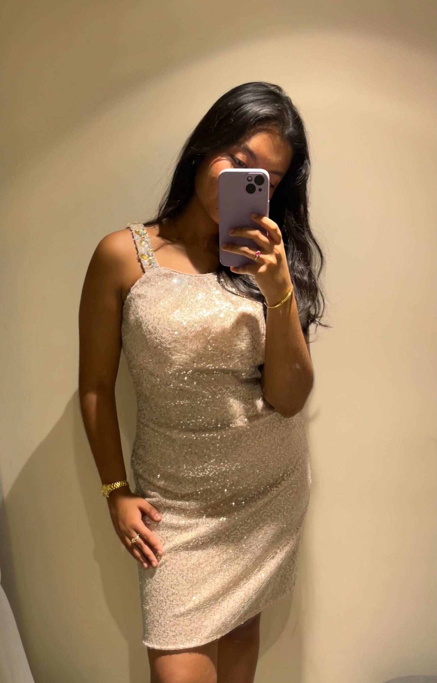 VESTIDO CORTO DE BRILLO ROSEGOLD