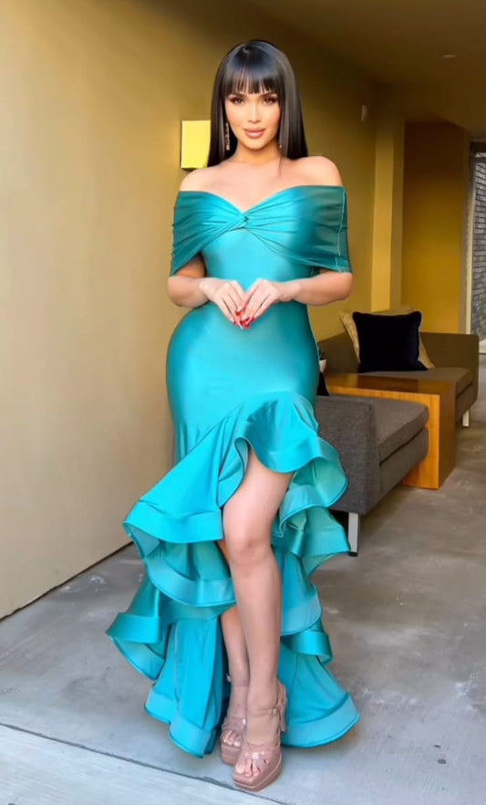 VESTIDO LARGO RUCHAS AQUA