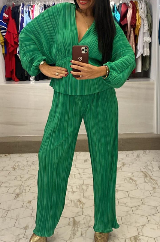 SET BLUSA Y PANTALON VERDE PLIZADO