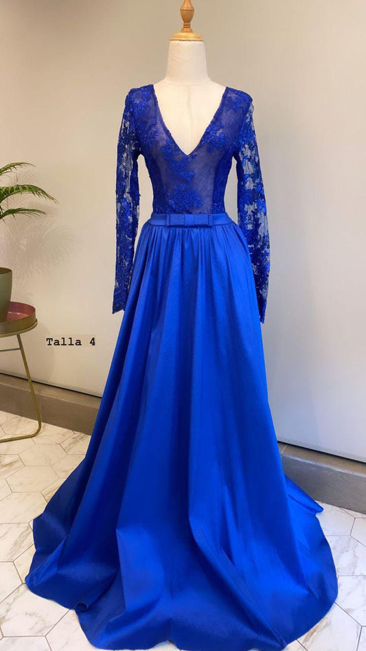VESTIDO LARGO MANGA LARGA ENCAJE AZUL