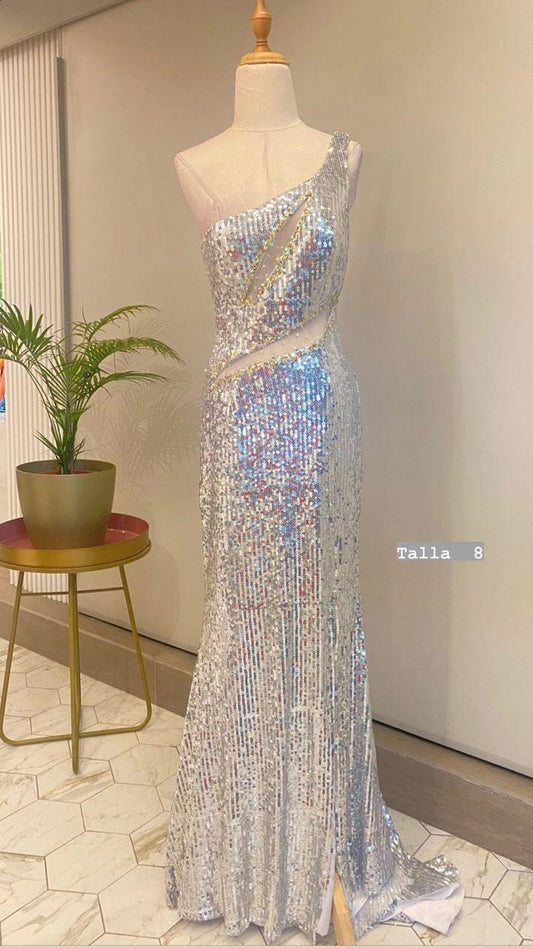 VESTIDO DE BRILLO GRIS ONESHOULDER