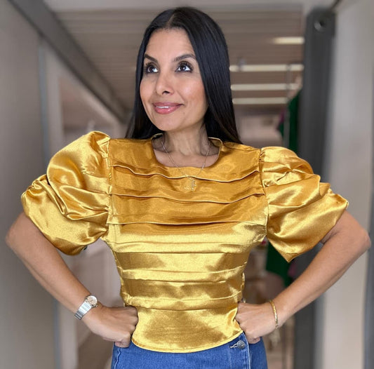 TOP MOSTAZA MANGAS SATIN