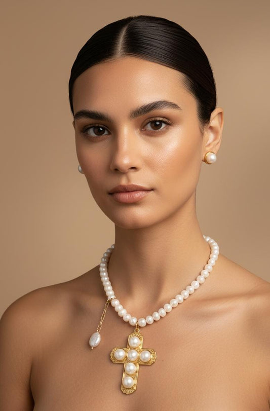 COLLAR DE CRUZ Y PERLAS