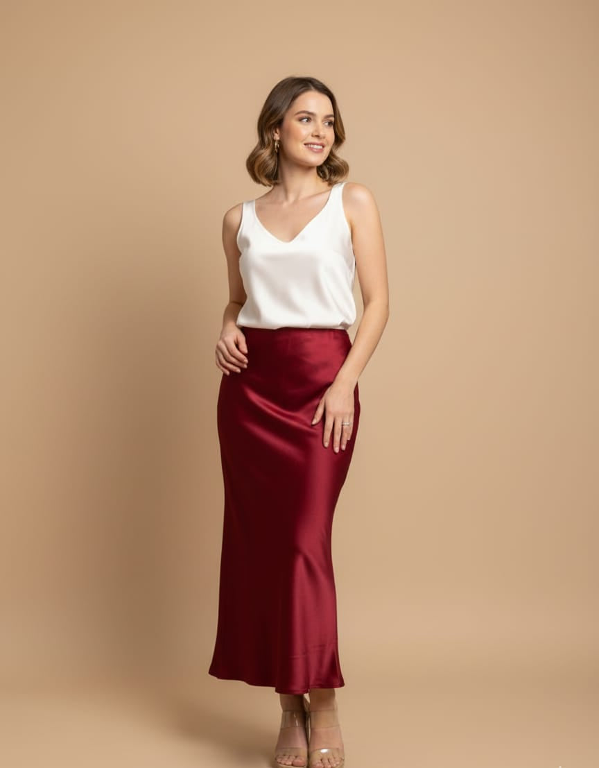 FALDA SATIN ROJO VINO