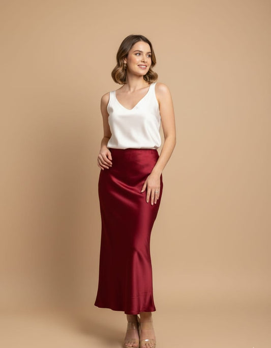 FALDA SATIN ROJO VINO