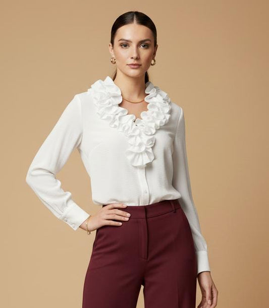 BLUSA MANGA LARGA BOTONES Y RUCHA CUELLO