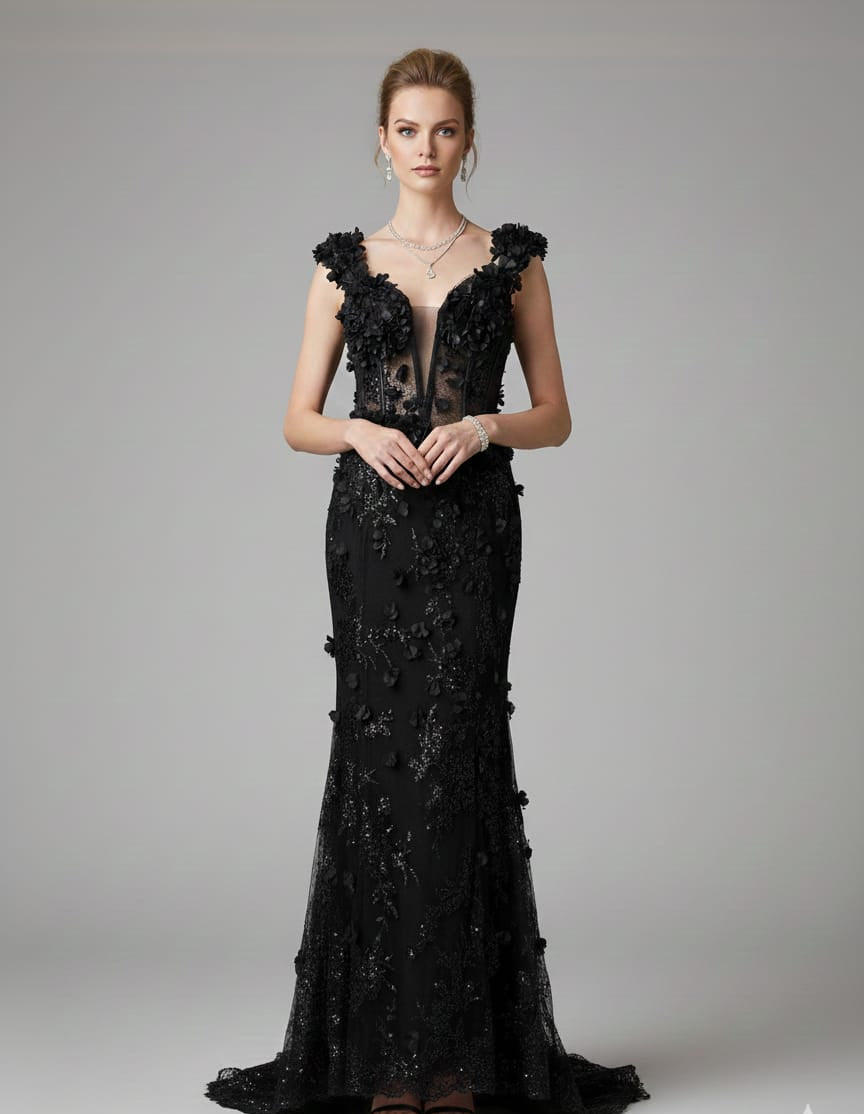 VESTIDO FLORAL NEGRO CON BRILLOS 3D