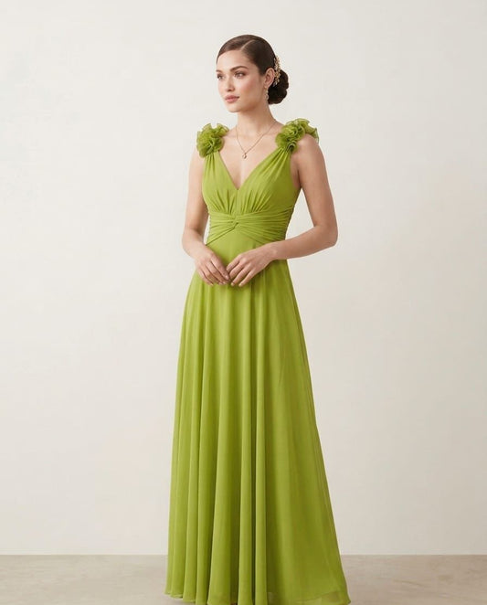 VESTIDO LARGO ELEGANTE VERDE LIMA CON DETALLES